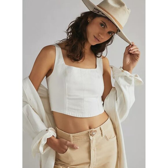 PILCRO Anthropologie Cream Corset Style Cotton/Linen Crop Top Smocked Back Sz S - Picture 3 of 16